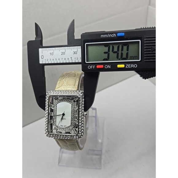 Adrienne Womens Rhinestone Open Square Watch Cream Croc Leather New Battery - Picture 5 of 12